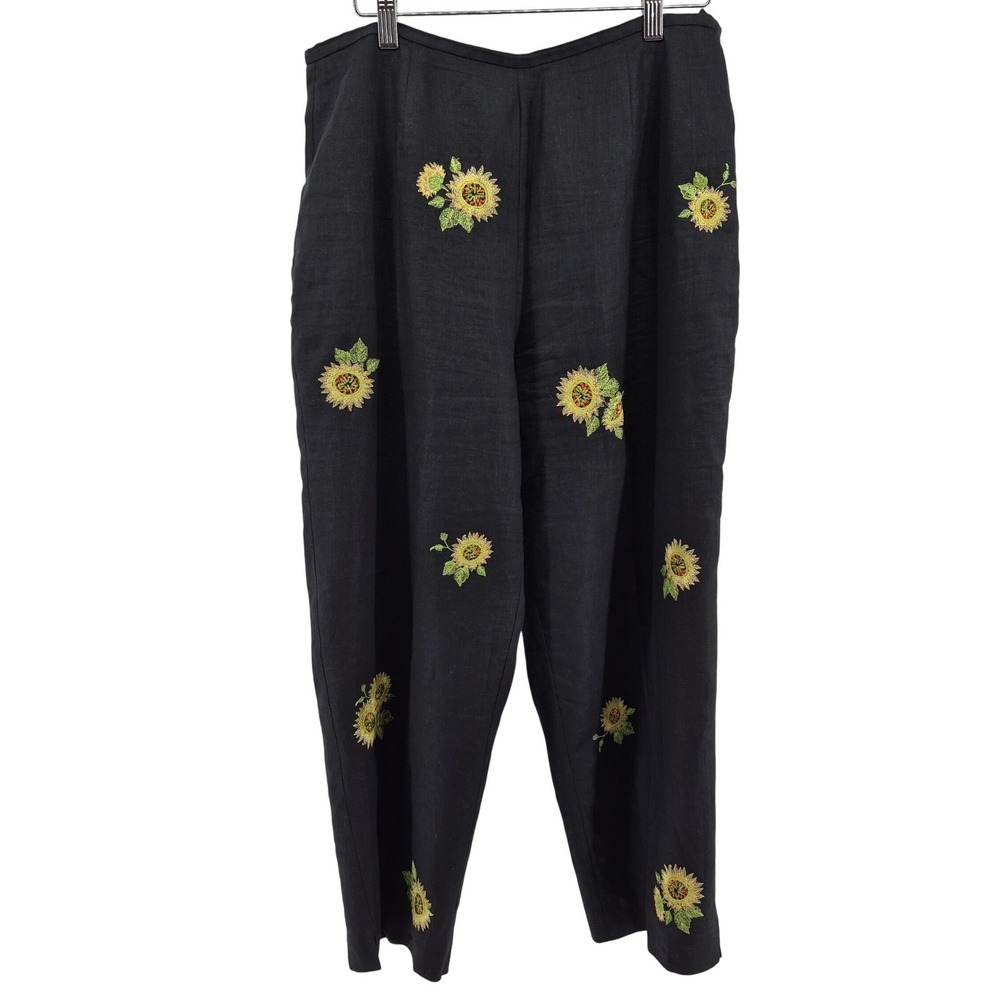 S.L.B. Vtg 90s‎ Black Linen Sunflower Embroidered Crop Pants Sz 12 Art wear Boho